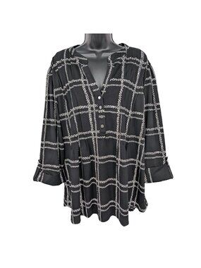 Cocomo Grid Print Tunic Top Office Roll Tabs Pintuck Minimalist Career Plus 3X